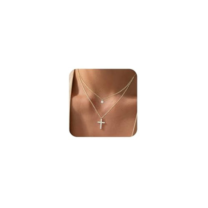 Cross Necklace For Women,14K Gold Plated Small Dainty Colorful Beaded Cubic Zirconia Diamond Double Layered Cross Pendant Choker Necklaces For Women,Christian Easter Religious Jewelry Gifts - style: Layered Diamond Cross-Gold