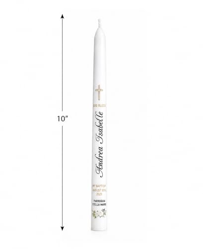 WHITEROOM Personalized Baptism Candle, White Religious Ceremony Candle with Cross Design, Floral Decoration, Custom and Personalized Name and Date (10") - size: 10"