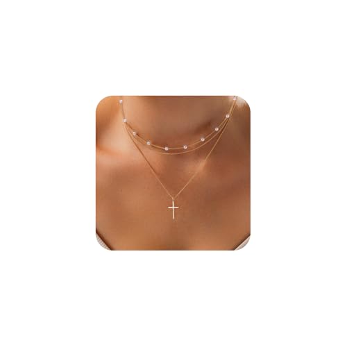 LULII Cross Necklace for Women Dainty 14K Gold Silver Plated Small Cross Pendant Choker Simple Cute Cross Gold Necklace for Women Trendy Faith Jewelry Gift - color: 3Layer Cross Pearl-Gold