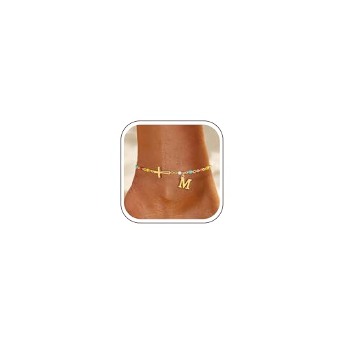 TOBENY Colorful A-Z Initial Cross Gold Ankle Bracelets for Women Waterproof - color: Initial Cross Anklet-M