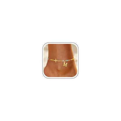 TOBENY Colorful A-Z Initial Cross Gold Ankle Bracelets for Women Waterproof - color: Initial Cross Anklet-M