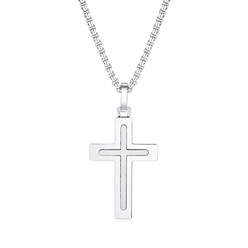 Holizaly Men's Cross Necklace 316L Stainless Steel Pendant White/Gold/Black/Blue Rolo Chain-Gift Box Included - color: Silver
