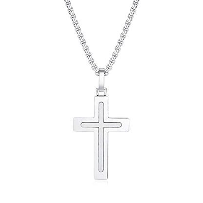Holizaly Men's Cross Necklace 316L Stainless Steel Pendant White/Gold/Black/Blue Rolo Chain-Gift Box Included - color: Silver