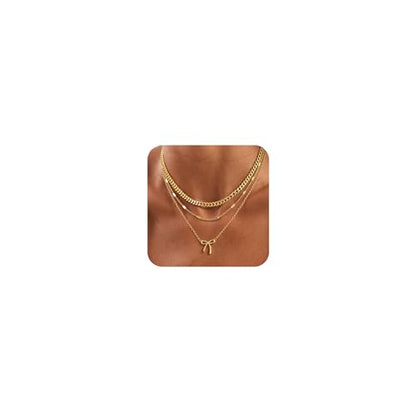Layered Gold Necklace for Women, 14K Gold Plated Necklace Stack Set, Dainty Pendant Necklace Non Tarnish, Fashion Bow CZ Circle Star Hammered Cross Jewelry Gift for Women - color: Gold-06