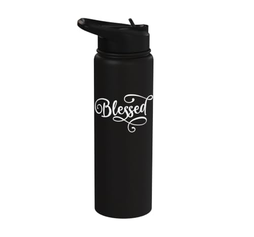 Blessed White Fancy Script Christian Religious God Jesus Stainless Steel Insulated Water Bottle - color: Black