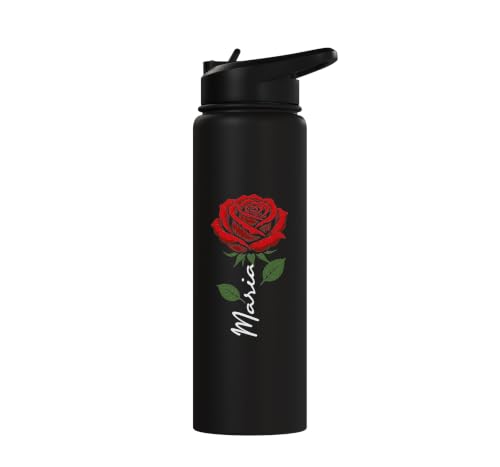 Maria Personalized Rose Name Elegant Floral Women Girls Stainless Steel Insulated Water Bottle - color: Black