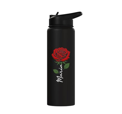 Maria Personalized Rose Name Elegant Floral Women Girls Stainless Steel Insulated Water Bottle - color: Black