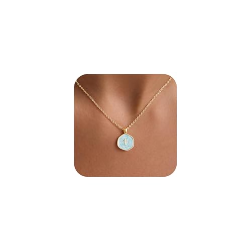 M MOOHAM Enamel Mini Cross Necklace for Women Girl, 14K Gold Plated Jewelry - color: blue cross-cable chain