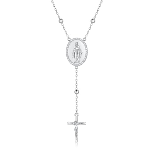 Sariel 925 Sterling Silver Rosary Necklace Bracelet for Women Virgin Mary Medallion with Cross Pendant Catholic Prayer Beaded Chain Religious Jewelry Gift (Necklace)