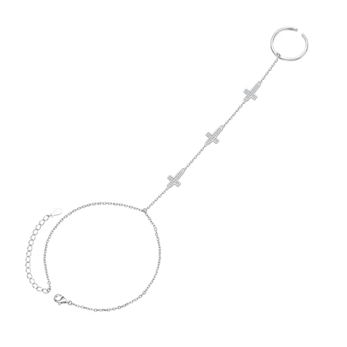 S925 Sterling Silver Finger Ring Bracelet Hand Adjustable Chain for Women - style: Cross
