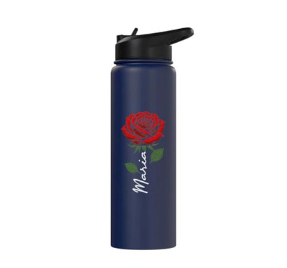 Maria Personalized Rose Name Elegant Floral Women Girls Stainless Steel Insulated Water Bottle - color: Navy Blue
