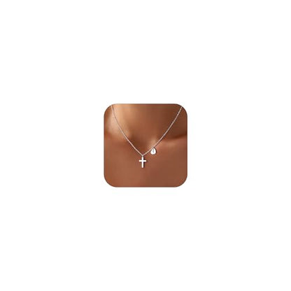 M MOOHAM Initial Cross Necklace for Girls, Baptism Gifts for Girl Jewelry - color: T