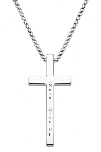 Engraved Cross Necklace for Men, Women & Boys & Girls Cross Necklace, Stainless Steel Cross Pendant Necklace, Faith & Inspiration Christian Jewelry Gift - color: Never Give Up