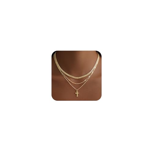 Layered Gold Necklace for Women, 14K Gold Plated Necklace Stack Set, Dainty Pendant Necklace Non Tarnish, Fashion Bow CZ Circle Star Hammered Cross Jewelry Gift for Women - color: Gold-04