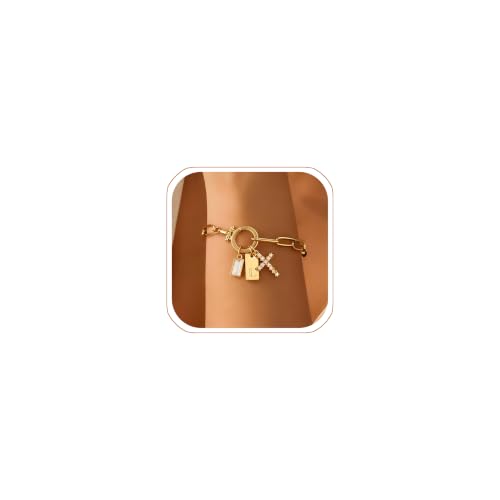 Initial Cross Charm Bracelet, 18K Gold Plated Dainty Paperclip Link Chain Bracelets for Women, Non Tarnish, A-Z Letter Bracelet Personalized Gifts Gold Jewelry for Women - color: Letter-L