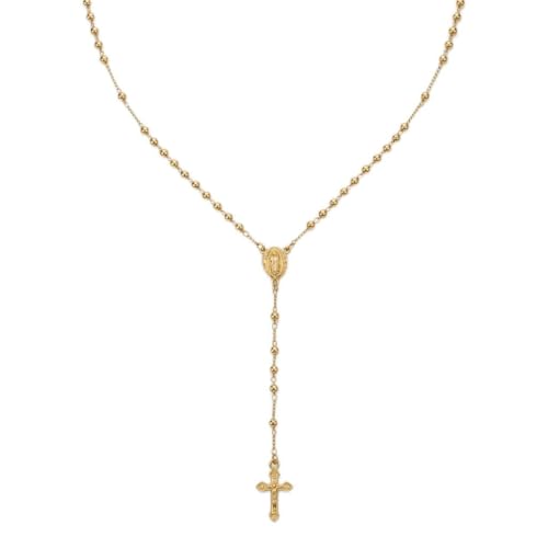 Nazareth Store 18K Gold Plated Rosary Necklace Our Lady of Guadalupe Rosaries Bead Cross Y Necklace Chain for Women - size: 3 Mm Gold
