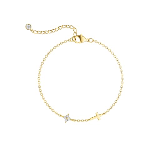 Moodear Cross Bracelet for Women, Dainty Sterling Silver/Gold Plated Gift - color: Gold CZ Flower Cross Bracelet
