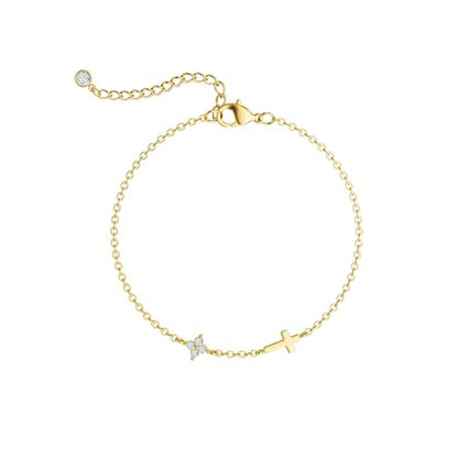 Moodear Cross Bracelet for Women, Dainty Sterling Silver/Gold Plated Gift - color: Gold CZ Flower Cross Bracelet