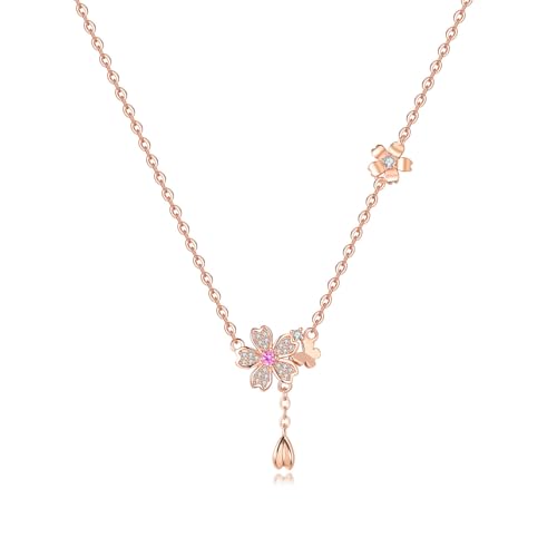 925 Sterling Silver Fashion Pendant Necklace for Women，Fashion Jewelry, 18K Gold Plated， Advanced Retro Series Link Chains ，Basic Multifunctional Accessories Suitable for Multiple Occasions and Daily Wear - color: Cherry Blossom Butterfly