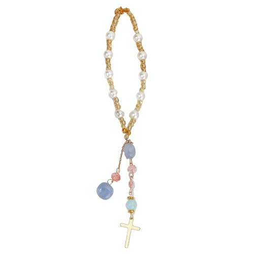 Natural Jade Cross Car Hanging Ornament – Rearview Mirror Suncatcher with Glass Beads and Pearl Accents, Car Decor, Window Balcony Keychain