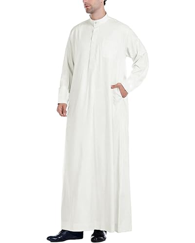 YAOHUOLE Men Islamic Caftan Thobe Big and Tall Kaftan with Pocket Mens Arab Thobe Men Kaftan Thobe - color: White, size: Medium