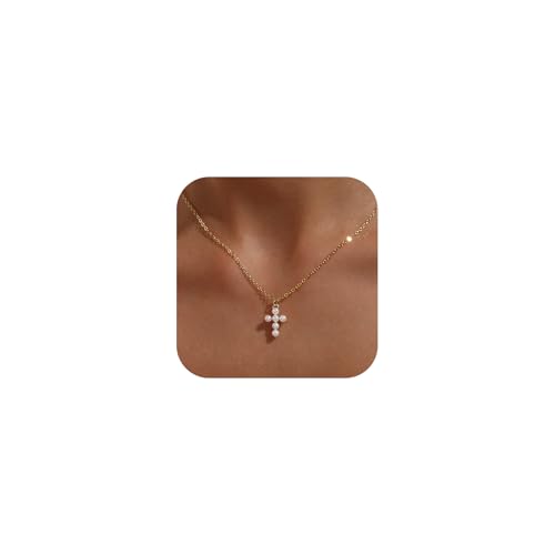 Cross Necklace for Women, Dainty 14K Gold Plated CZ Pendant - color: Gold-pearl cross