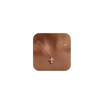 Cross Necklace for Women, Dainty 14K Gold Plated CZ Pendant - color: Gold-pearl cross