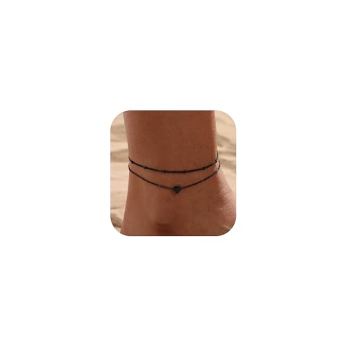Ankle Bracelets for Women Waterproof Non Tarnish Anklet - style: 2 Layered Bead&Heart-BLK