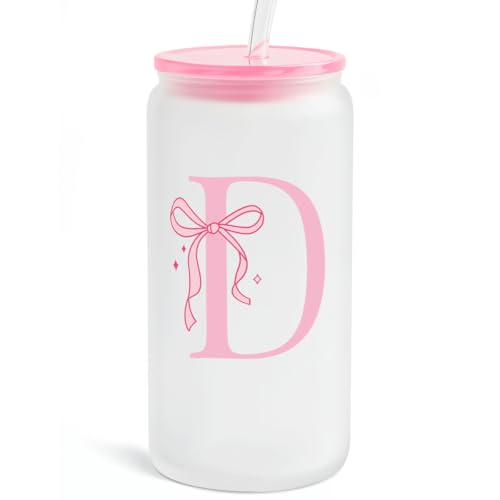 SANDJEST Monogrammed Glass Drinking Can Cup with Acrylic Lid and Straw, Personalized Frosted Iced Coffee Tumbler 16oz, Monogram Initial Gifts for Women Girls on Birthday (D) - color: D