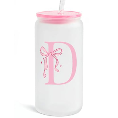 SANDJEST Monogrammed Glass Drinking Can Cup with Acrylic Lid and Straw, Personalized Frosted Iced Coffee Tumbler 16oz, Monogram Initial Gifts for Women Girls on Birthday (D) - color: D
