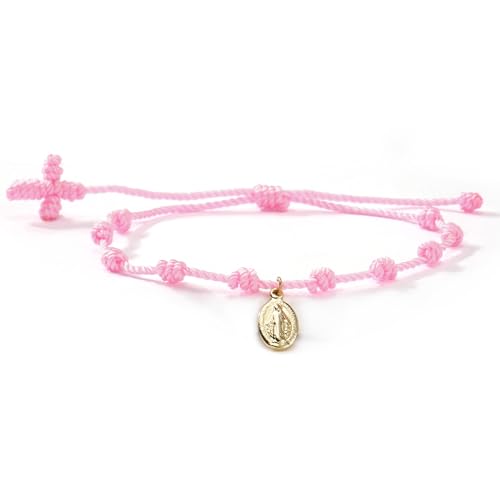10 Knots Lucky Protection Rope Cross Bracelet For Women Men, Handmade Good Jesus Pendant Charm Amulet Adjustable Christian Pulsera Decenario String Jewelry, Daily Friendship Gift - color: Jesus Pink
