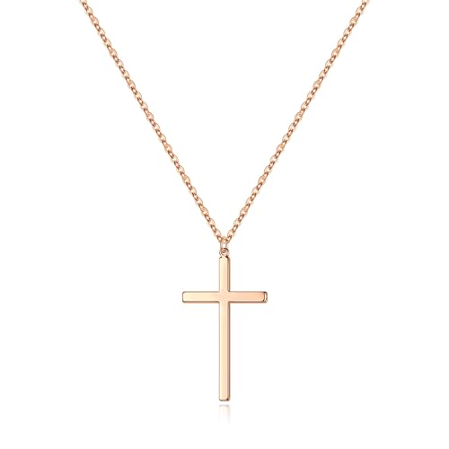 M MOOHAM Cross Necklace for Women Girls, Dainty 14K Gold Plated Cross Pendant Necklace Sideways Cross Choker Layered Necklaces for Women Girls - color: Cross Rose Gold 0.75"×1.26"