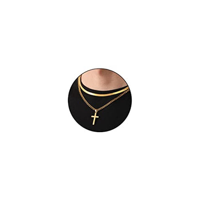 Zocomi Cross Necklace for Men Boys, Stainless Steel Layered Cuban Link Herringbone Chain Cross Pendant Christian Fashion Jewelry Gifts 16-24 Inches - color: Gold, size: 22inch/24inch, style: Herringbone+Cuban