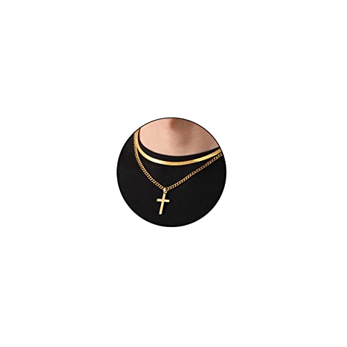 Zocomi Cross Necklace for Men Boys, Stainless Steel Layered Cuban Link Herringbone Chain Cross Pendant Christian Fashion Jewelry Gifts 16-24 Inches - color: Gold, size: 22inch/24inch, style: Herringbone+Cuban
