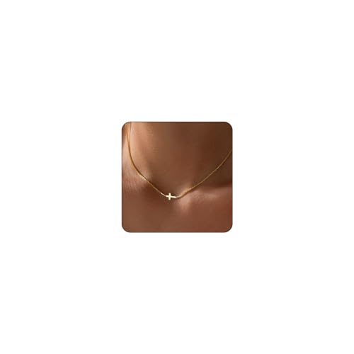 Rotnso Cross Necklace for Women 14K Gold Plated Dainty Small Pendant Choker - style: Box Chain Sideways Cross-GD