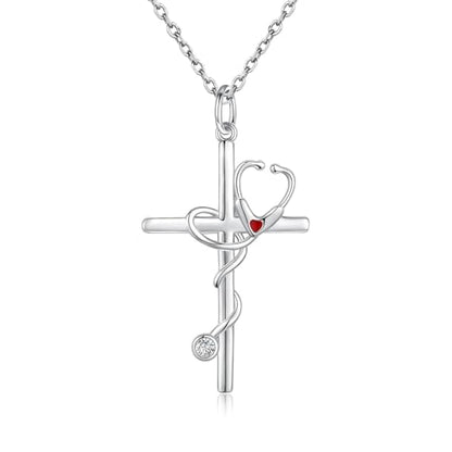 Sterling Silver Nurse Jewelry for Women Heartbeat Stethoscope Necklace Ring Nurses Week Graduation Gifts - color: Stethoscope Necklace