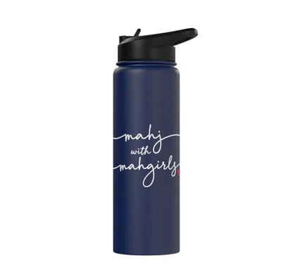 Mahjong With MahGirls Elegant Script Heart Stainless Steel Insulated Water Bottle - color: Navy Blue