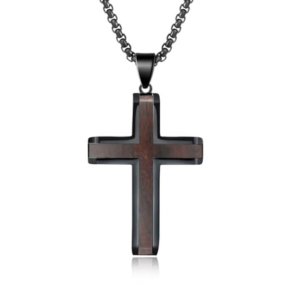 Wooden Cross Necklace for Men, Hand Polished Ebony Inset In Black Stainless Steel Christian Mens Cross Pendant Wood, 24" Round Box Chain