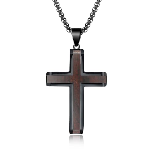 Wooden Cross Necklace for Men, Hand Polished Ebony Inset In Black Stainless Steel Christian Mens Cross Pendant Wood, 24" Round Box Chain
