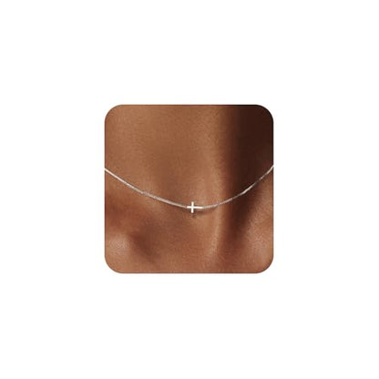 LULII Cross Necklace for Women Dainty 14K Gold Silver Plated Small Cross Pendant Choker Simple Cute Cross Gold Necklace for Women Trendy Faith Jewelry Gift - color: Sideways Cross Box Chain-Silver