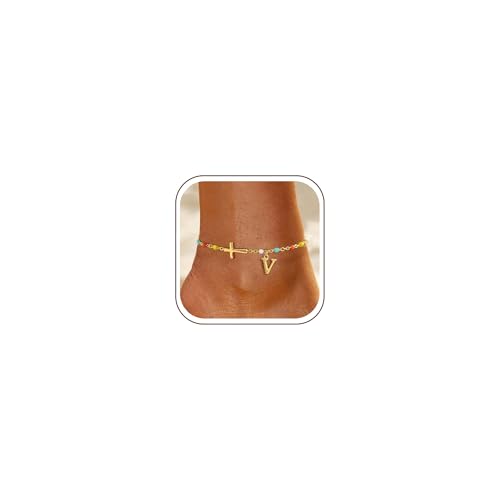 TOBENY Colorful A-Z Initial Cross Gold Ankle Bracelets for Women Waterproof - color: Initial Cross Anklet-V