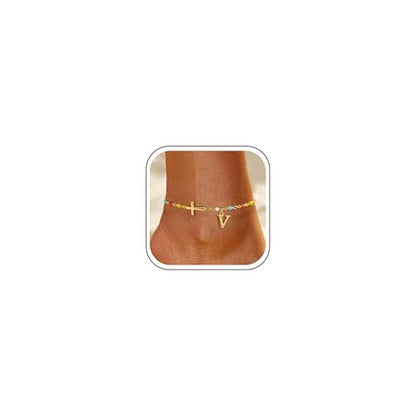 TOBENY Colorful A-Z Initial Cross Gold Ankle Bracelets for Women Waterproof - color: Initial Cross Anklet-V