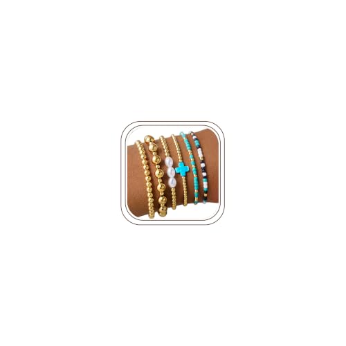 M MOOHAM Beaded Bracelets for Women Teen Girls, 14K Gold Bracelet Stack - color: Turquoise Cross