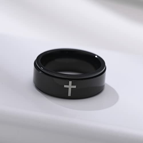 6mm/8mm Titanium Steel Black/Silver/Gold Fidget Ring Engraved Small Cross Stainless Steel Spinner Rings Stress Relieving Anxiety Ring Engagement Wedding Promise Band for Women Men Size 5-15 - color: 8mm Black
