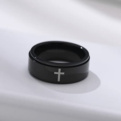 6mm/8mm Titanium Steel Black/Silver/Gold Fidget Ring Engraved Small Cross Stainless Steel Spinner Rings Stress Relieving Anxiety Ring Engagement Wedding Promise Band for Women Men Size 5-15 - color: 8mm Black