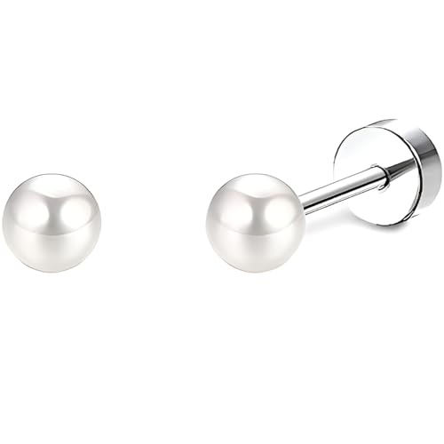 Stainless Steel Stud Earring 1 Pair Silvery Flatback Earrings Hypoallergenic Screwback Jewellery Flat Back Helix Jewelry for Sensitive Ears Women Ladies Aretes De Mujer - style: Pearl