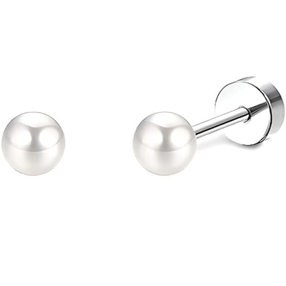 Stainless Steel Stud Earring 1 Pair Silvery Flatback Earrings Hypoallergenic Screwback Jewellery Flat Back Helix Jewelry for Sensitive Ears Women Ladies Aretes De Mujer - style: Pearl