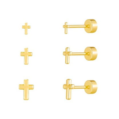LLWOM 3 Pairs Tiny Flat Back Earrings, Hypoallergenic 14K Real Gold Plated Helix Cartilage Earrings Post Studs Jewelry for Women Gift - color: Gold-Cross