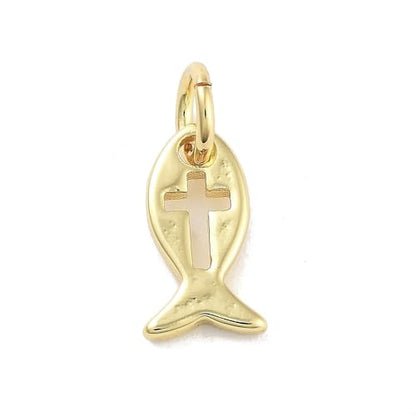 KitBeads 10Pcs Brass Christian Fish Charms Hollow Jesus Cross Gold Plated Crucifix Fish Charms for Bracelets Necklaces Crafts Jewelry Making