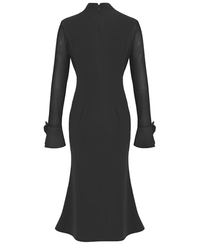 Trumpet Long Sleeve Mesh Church Dress Clergy Tab Insert Collar Priestess Dress - color: Black, size: Large